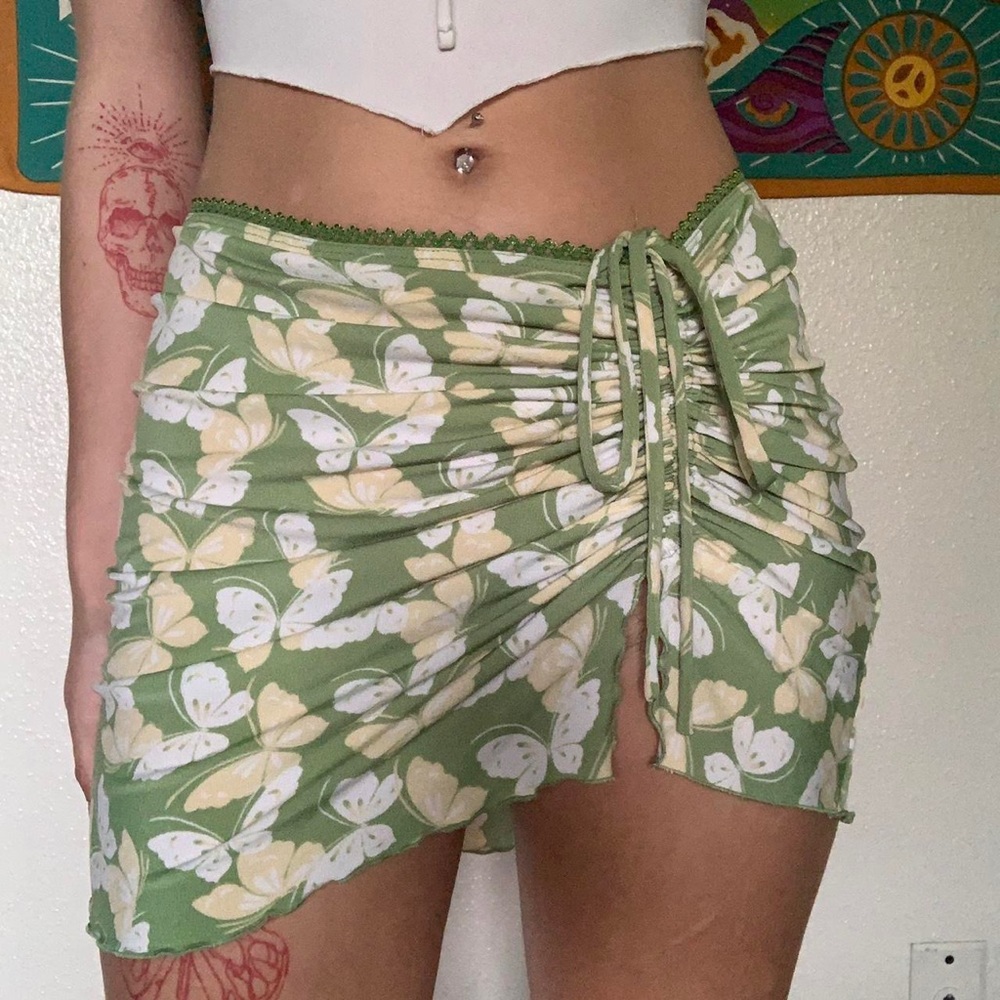 Urban Outfitters Green Butterfly Mini Skirt with Adjustable Tie